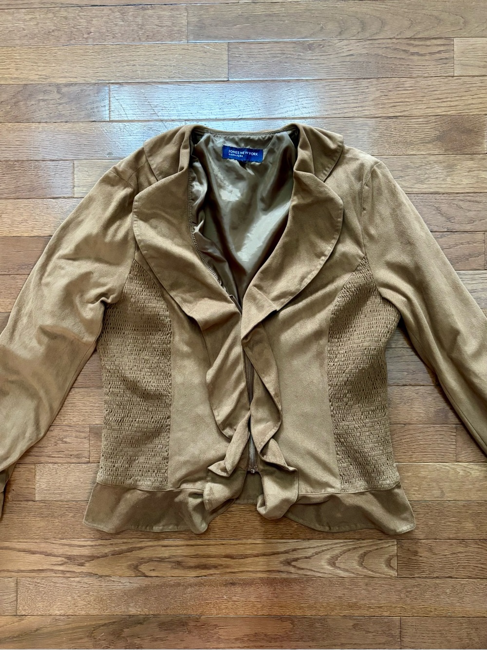 Jones New York Tan Ruffle Hem Zip Up Jacket